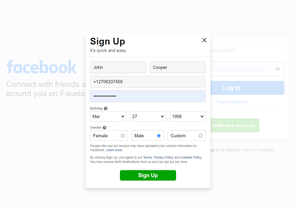 facebook signup form page
