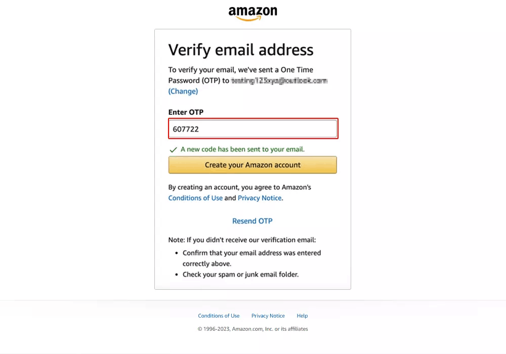 amazon email otp verification page