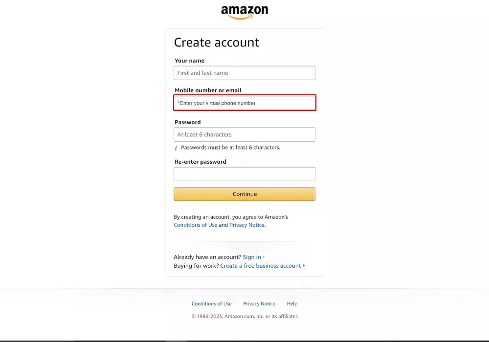 amazon virtual phone number signup