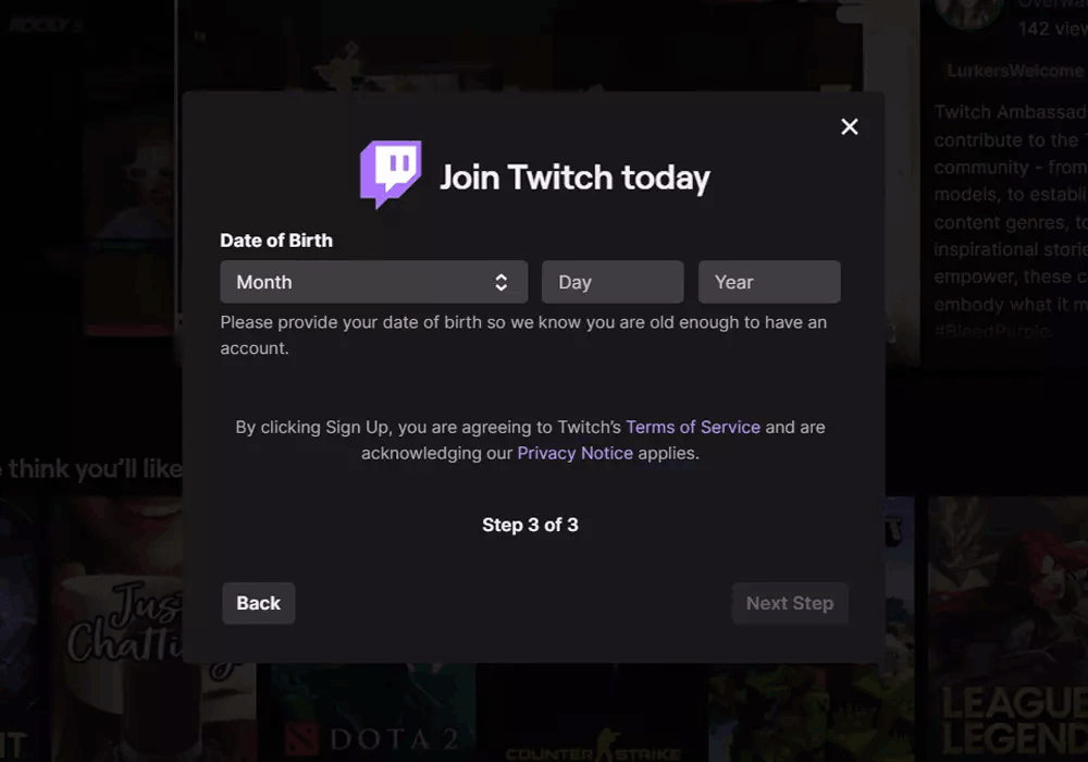 twitch enter date of birth page