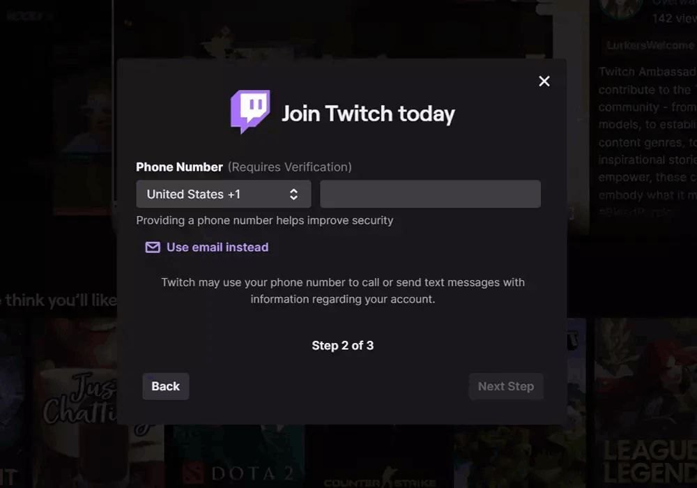 twitch phone number verification page