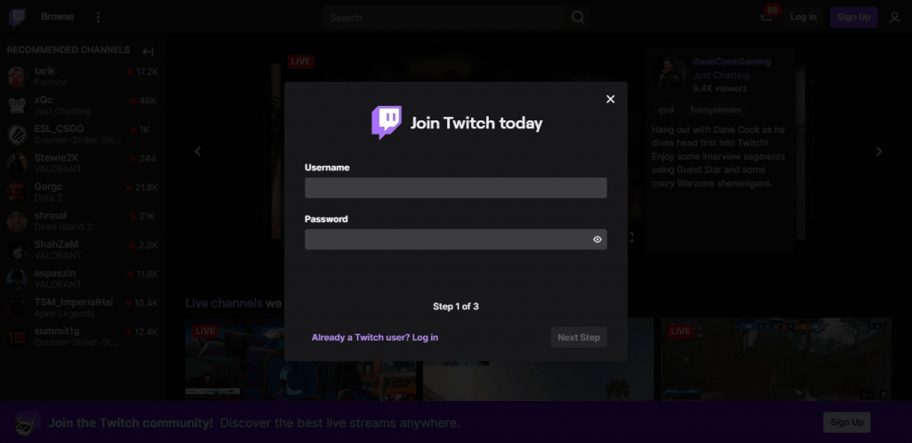 twitch signup page