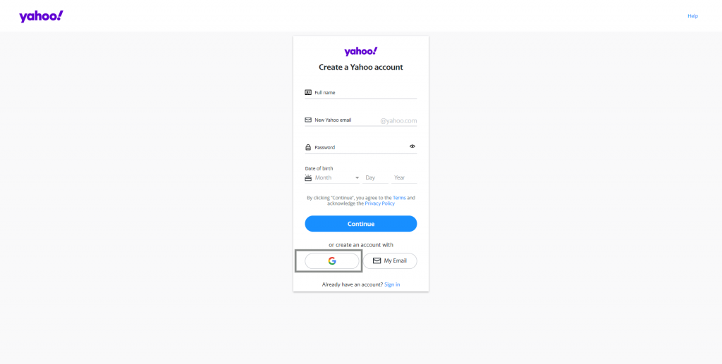 use Google account to create Yahoo Account
