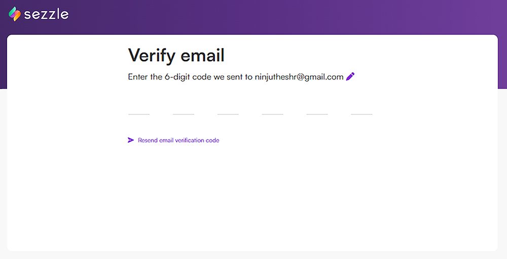 Sezzle insert email verification code page