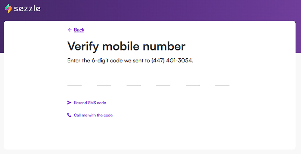 Sezzle insert phone number verification code page