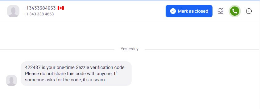 Sezzle phone number verification code text message