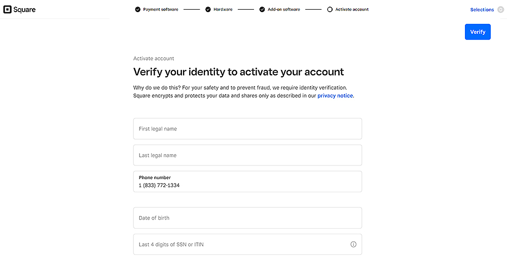Square account verification page