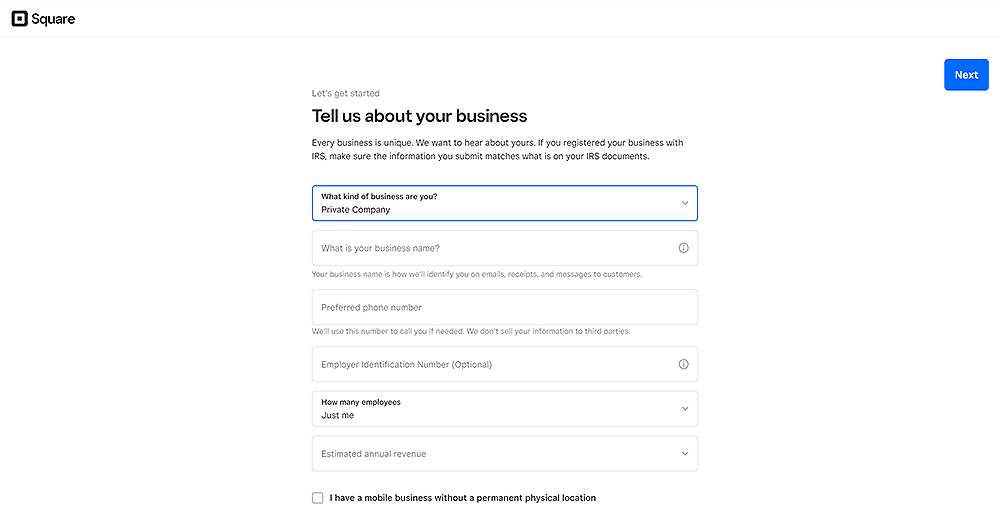 Square business signup page