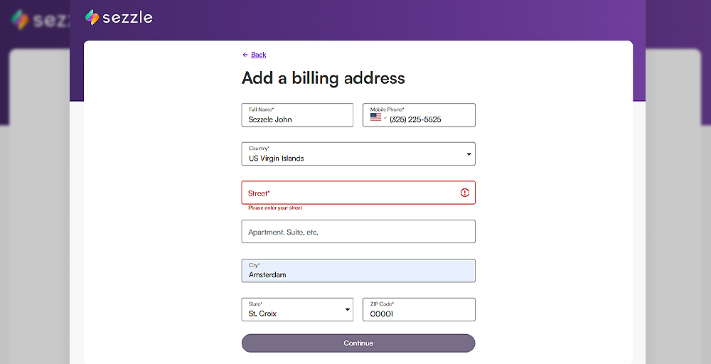 add a billing address page for Sezzle