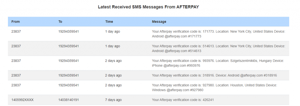 afterpay verification code in temporary number