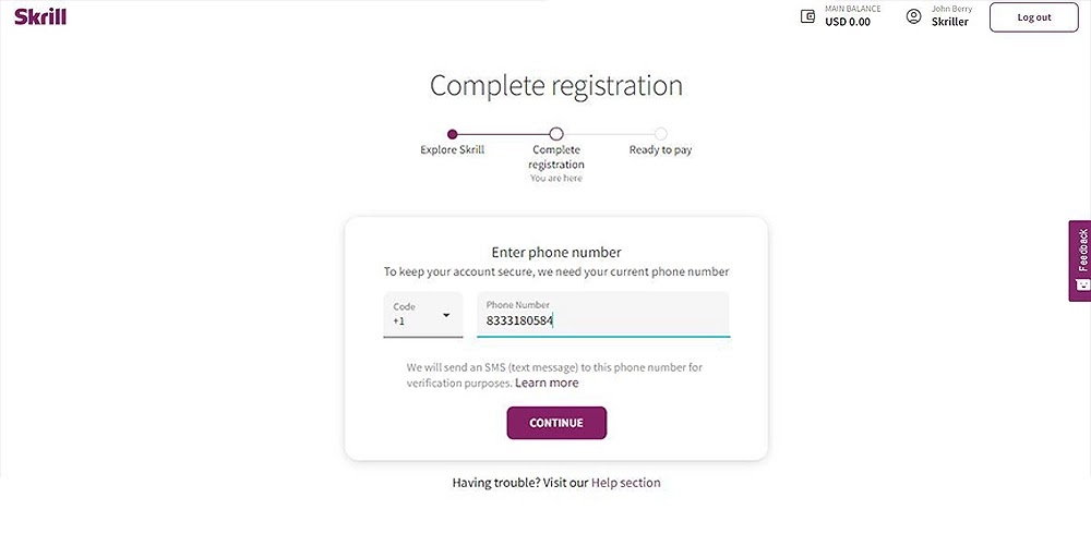 enter your virtual phone number for skrill account