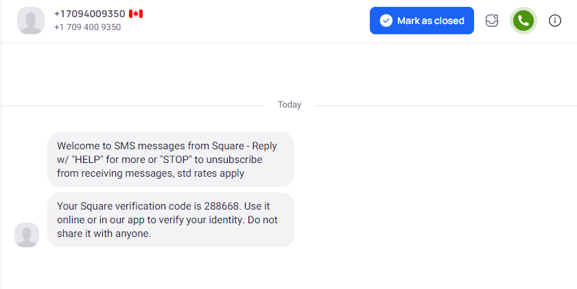 squareup otp received message