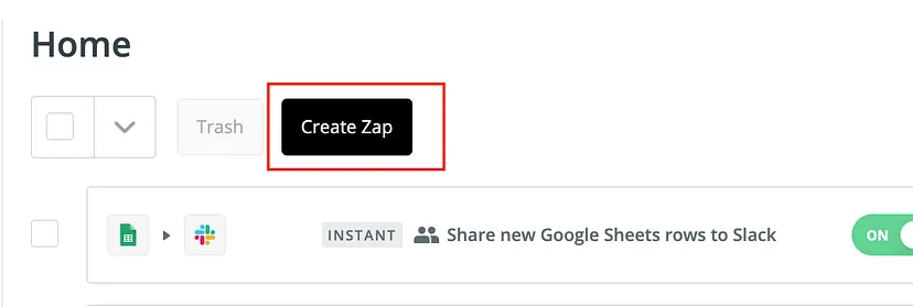Select the Create Zap option