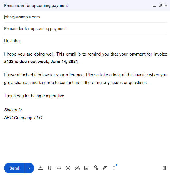 payment reminder for upcoming payment