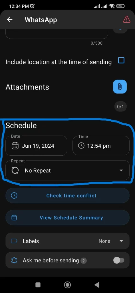 Select the time of day when you want the message to be sent.