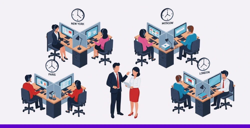 call center agents working across different global time zones with call center metrics