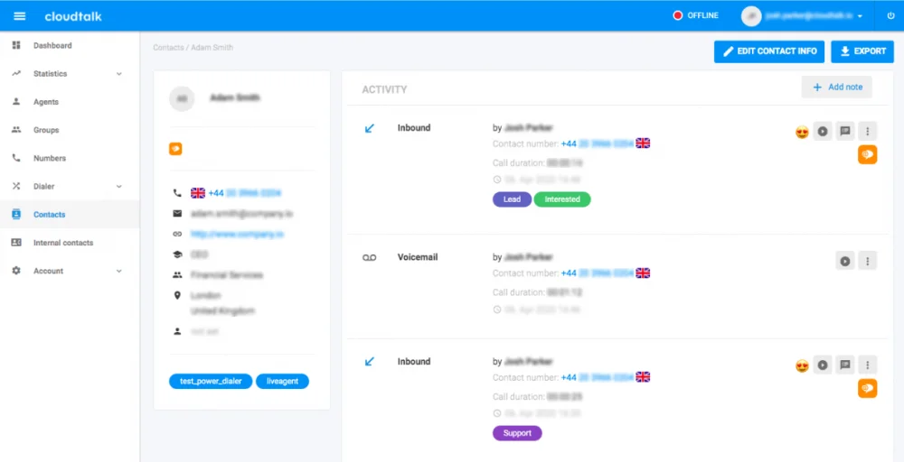 cloudtalk contact center dashboard screenshot 