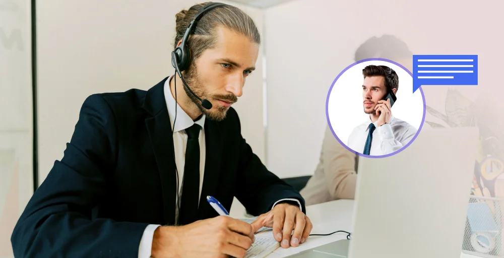 Call center agent attentively listening to a customer on a headset