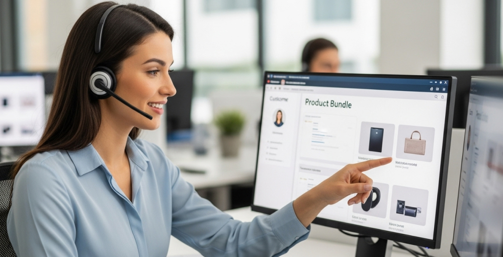 Call center agent practicing upselling and cross-selling during customer support