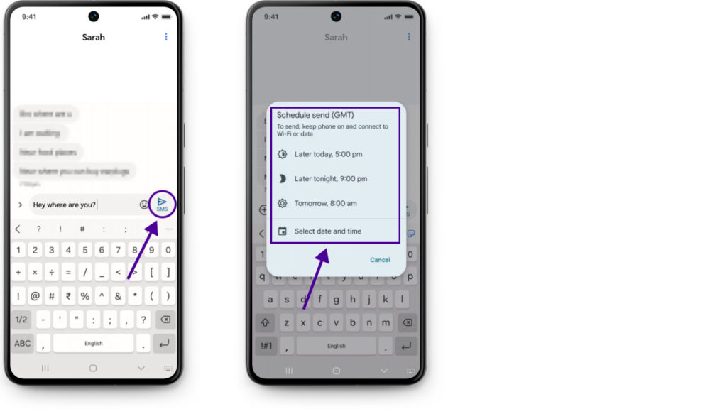 How to schedule a text message: Schedule texts on Google Messages app step 1 to 2