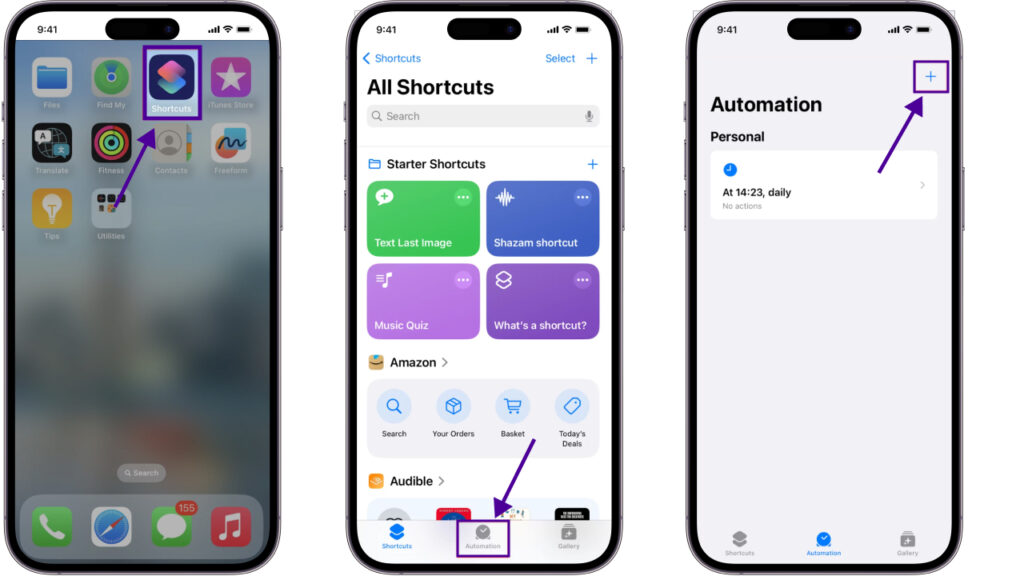 how to schedule a text messages on shortcut app step 1 to 3