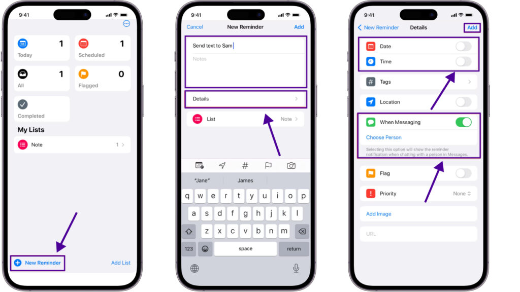 how to schedule a text message: schedule text on reminder app step 1 to 3