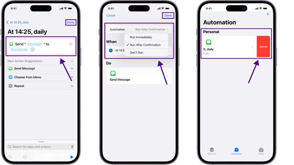 how to schedule a text messages: schedule texts on shortcut app step 6 to 9