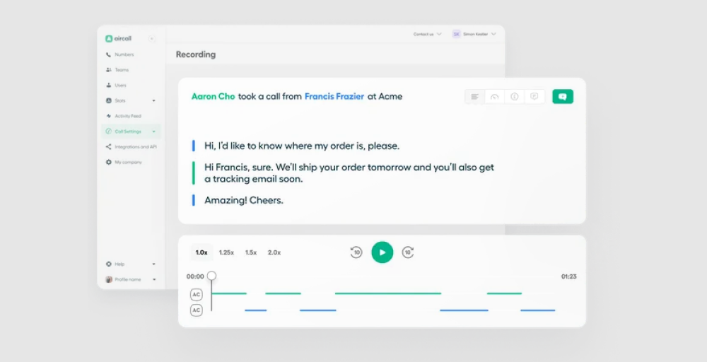 aircall call transcription software