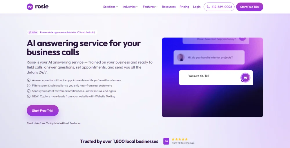 Rosie as a best phone system provider for plumbing businesses
