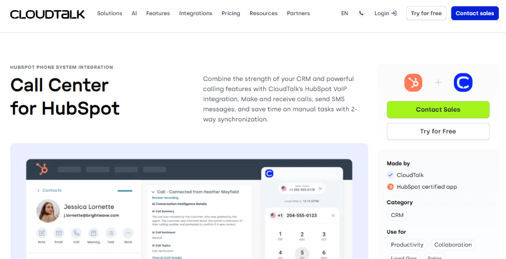best hubspot voip integration: cloudtalk