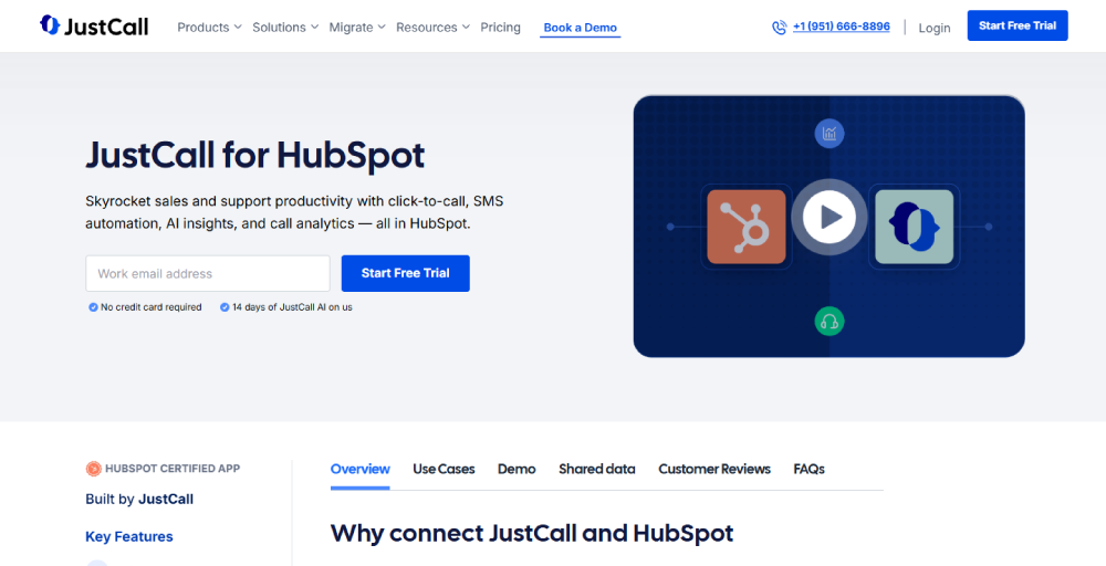 best hubspot voip integration: justcall