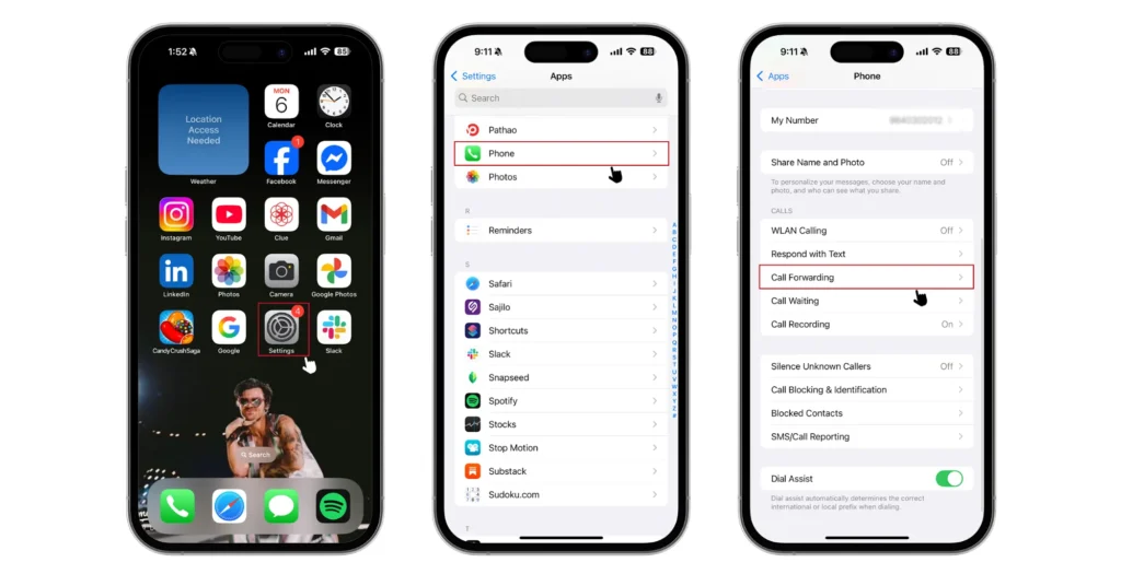 Open iPhone Settings app and tap Phone to access call settings