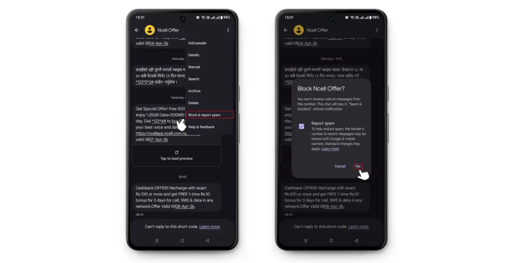 block a number on Google Messages 1.2