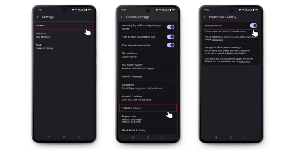 filtering spam text on android 1.2