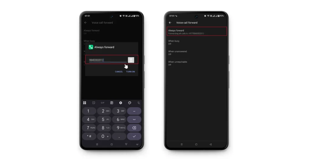 Confirmation message showing all calls are being forwarded to the selected number on Android