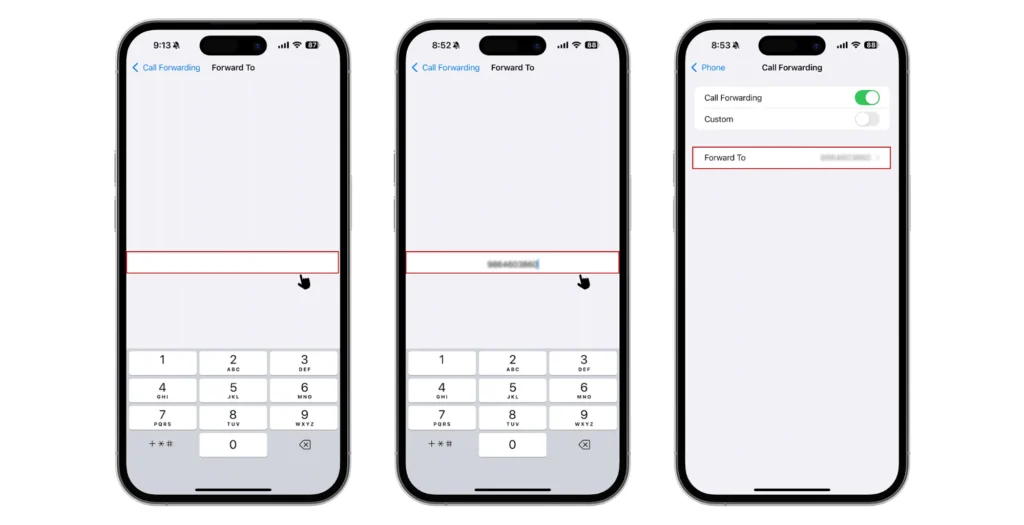 iPhone call forwarding active showing selected number in Forward To section