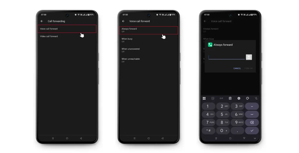 View Android call forwarding options including always forward, when busy, unanswered, and unreachable. Enter phone number for call forwarding on Android and tap turn on to activate
