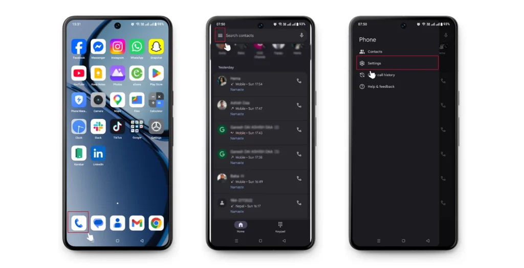 Open Android Phone app menu and access call settings from the top-right menu icon