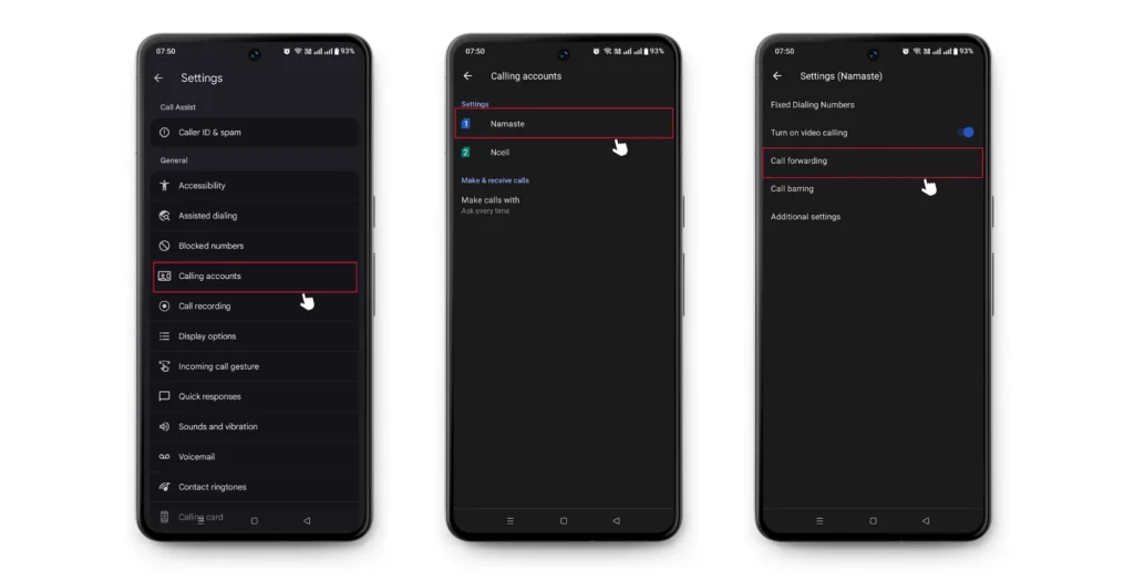 Navigate to calling accounts or call settings on Android and select SIM for call forwarding. Select call forwarding option on Android and choose between voice or video calls