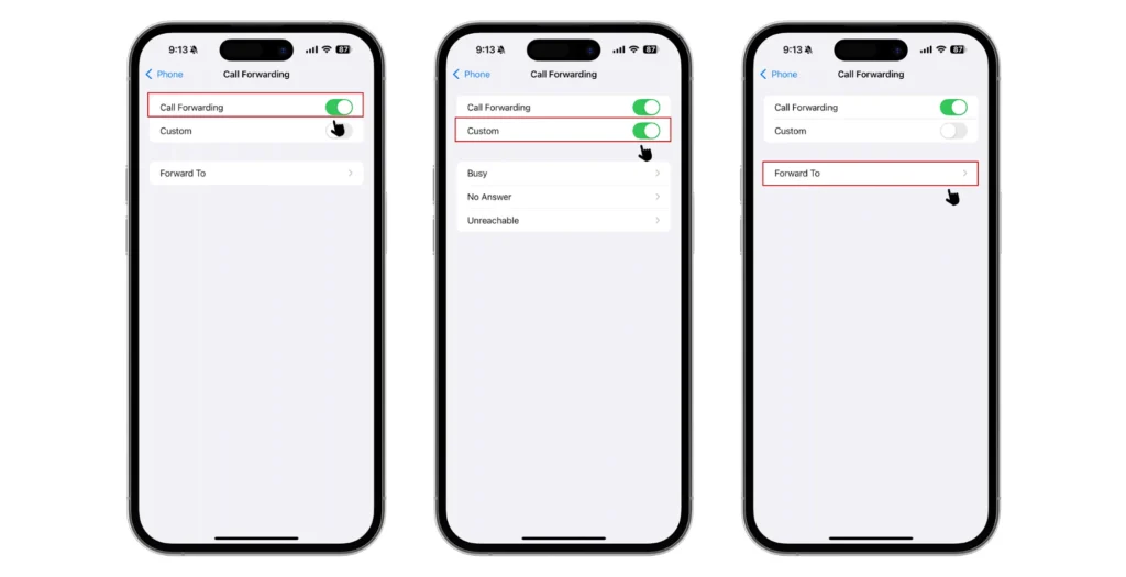 Select call forwarding option in iPhone phone settings. Enable call forwarding toggle on iPhone and view forwarding options. Enter phone number in Forward To field on iPhone call forwarding settings