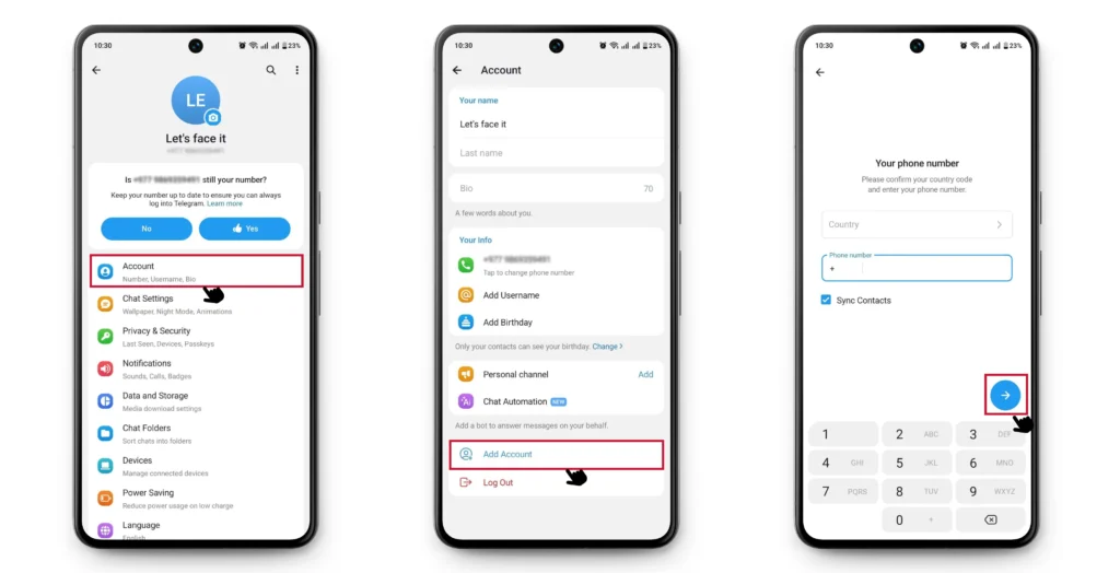 Add account in telegram