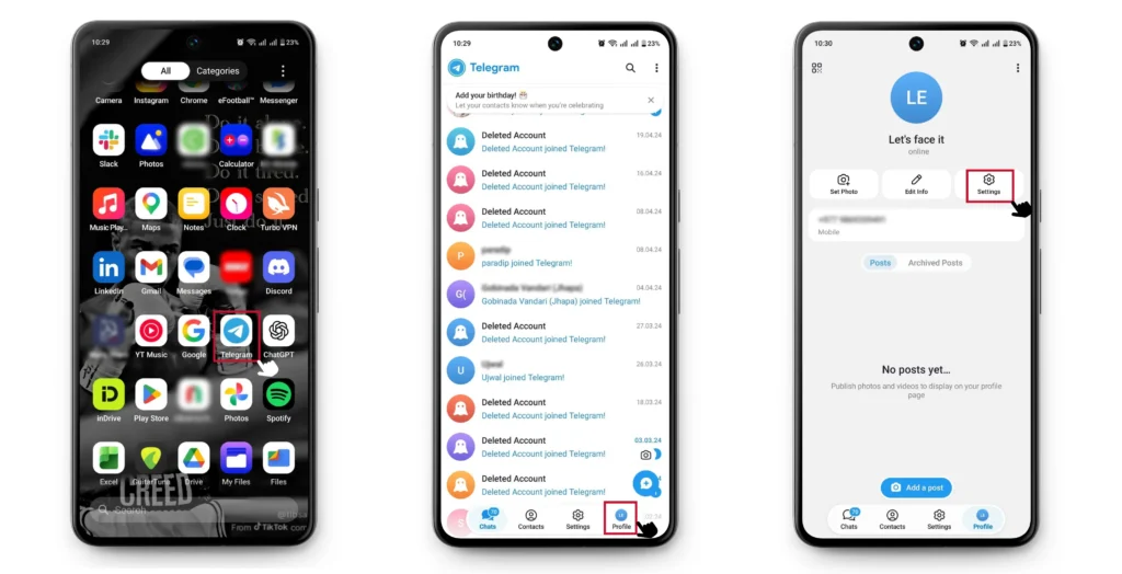 tap settings to open your telegram account