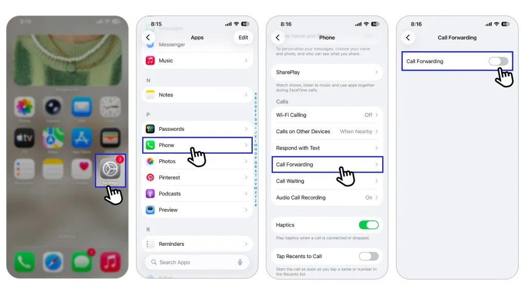 step 1 to set up call forwarding unconditional on iOS devices