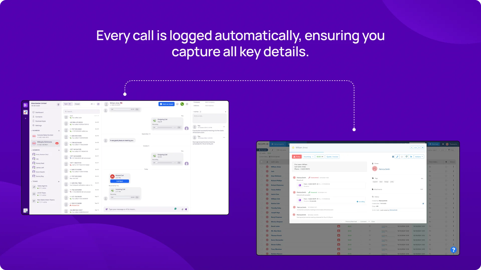 Every call is logged automatically, ensuring you capture all key details KrispCallxnoCRM.io img