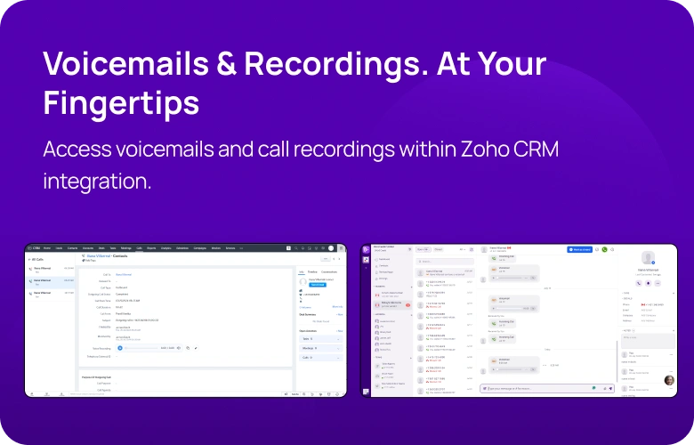 Voicemails & Recordings. At Your Fingertips KrispCallxZoho_CRM respo img