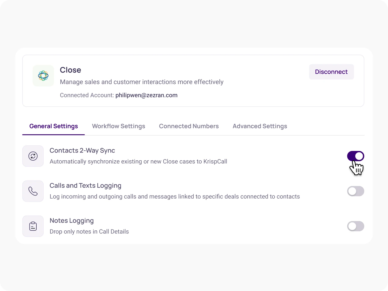 Access Customise Integration Settings KrispCallxClose img