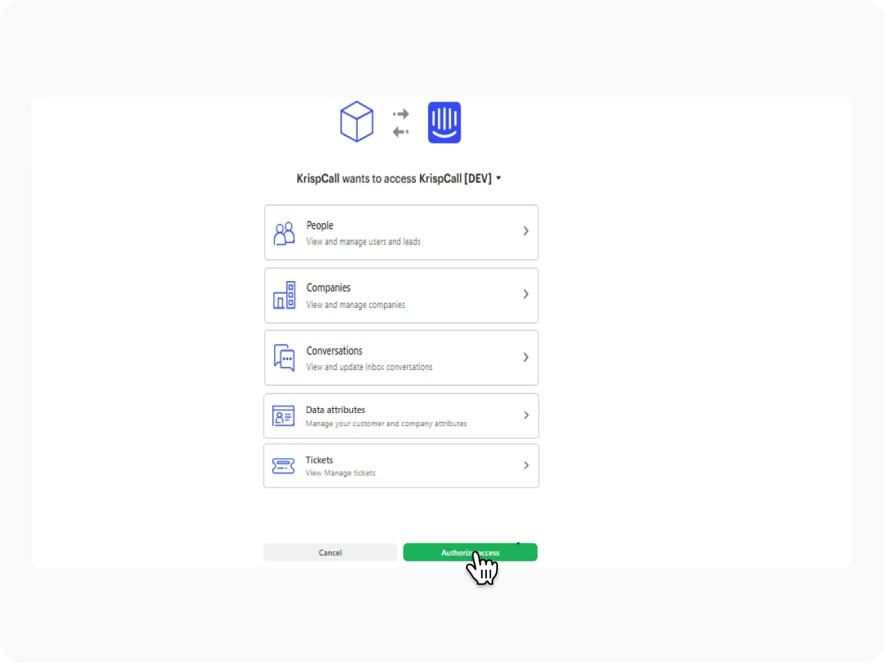 Authorize the Integration KrispCallxIntercom img
