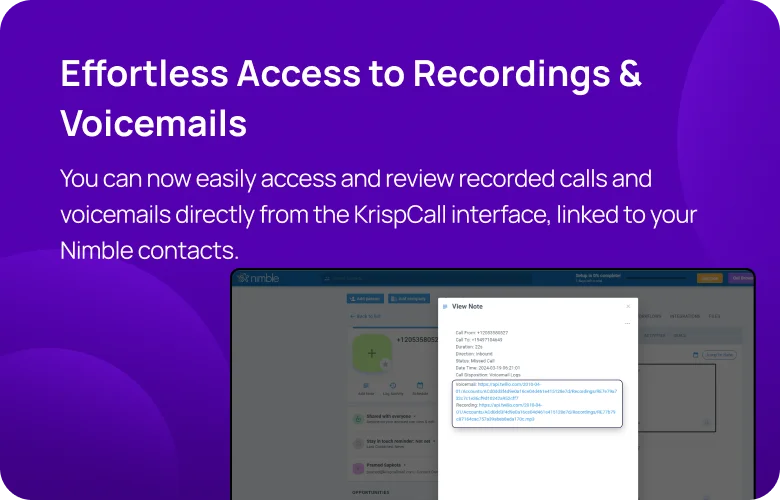 Effortless Access to Recordings & Voicemails KrispCallxNimble respo img