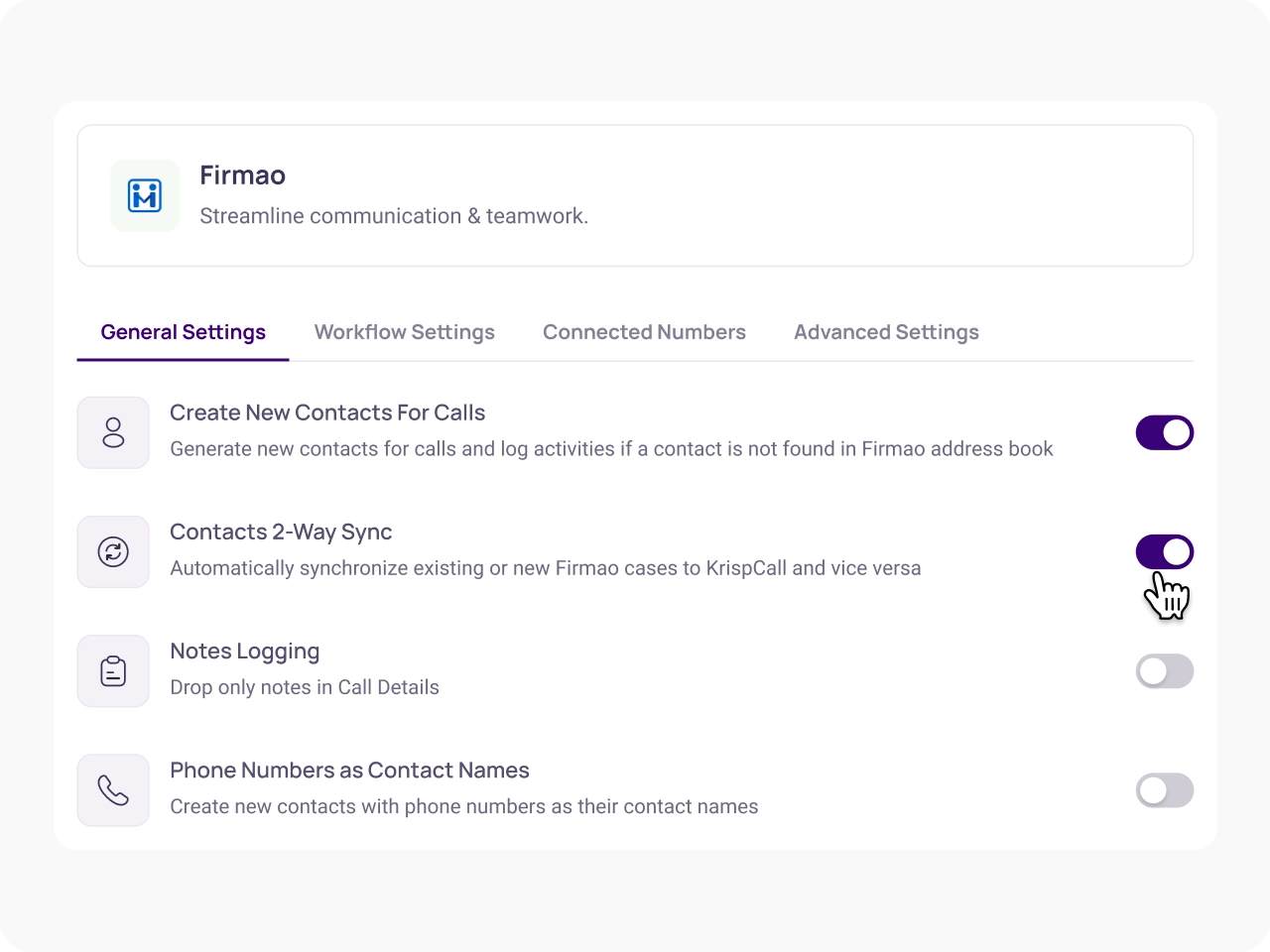 Enable Firmao Integration Features KrispCallxFirmao img