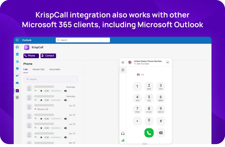 KrispCallxMicrosoft_Teams KrispCall integration also works with other Microsoft 365 clients, including Microsoft Outlook respo img